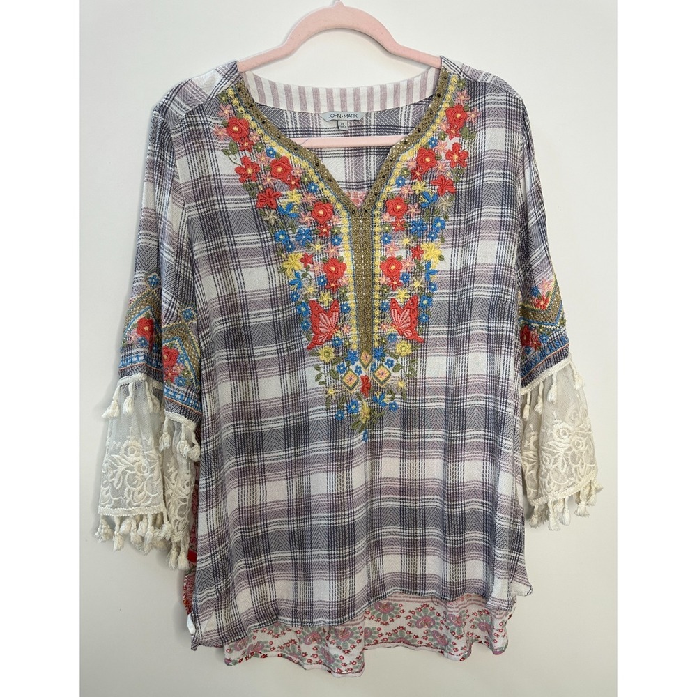 John Mark Boho Embroidered Plaid Tunic Top Lace Tassel Sleeve Blouse Womens XL - Picture 2 of 14